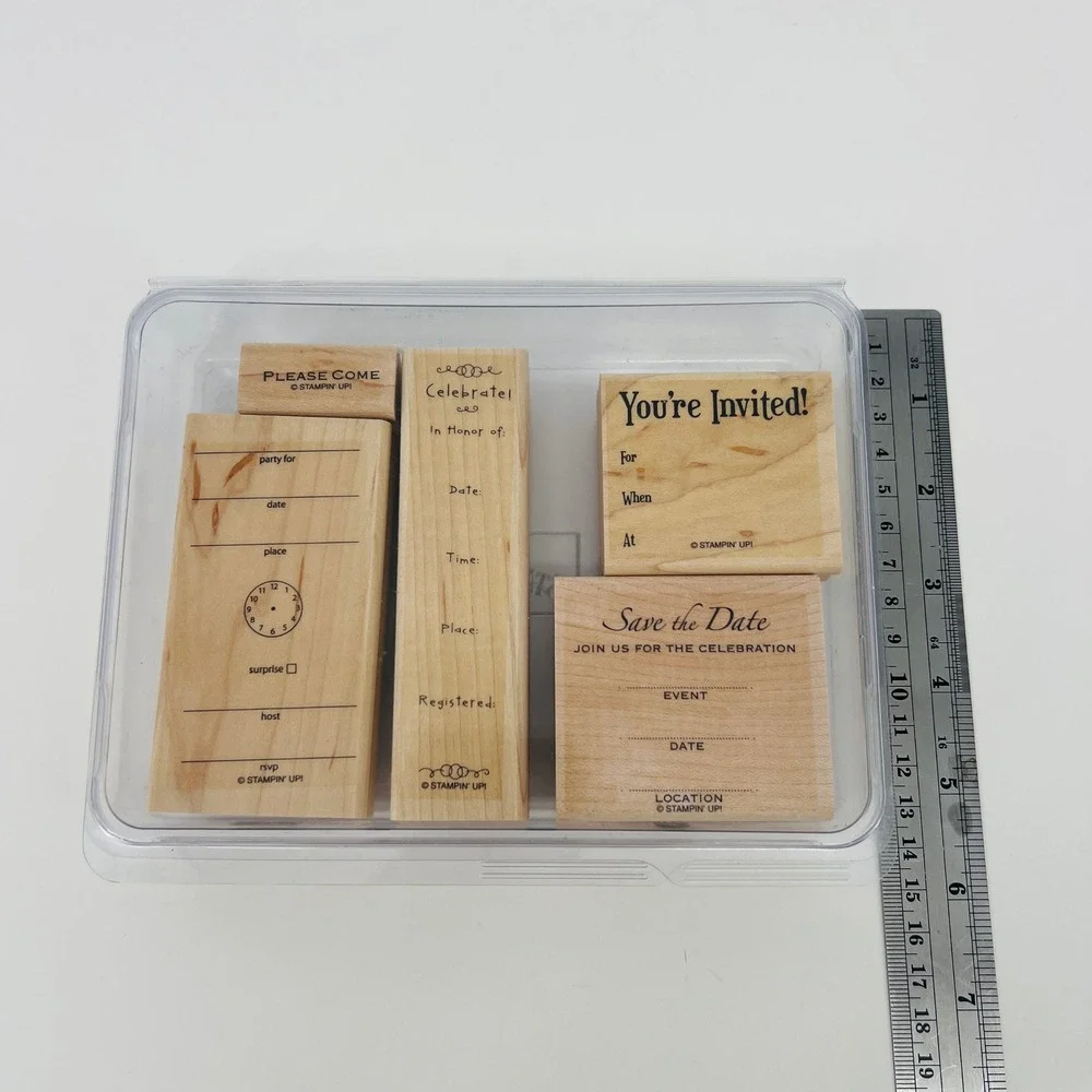 Stampin Up Invitation Rubber Stamp Set 5pc Tan Wood Mounted DIY Party Stationery